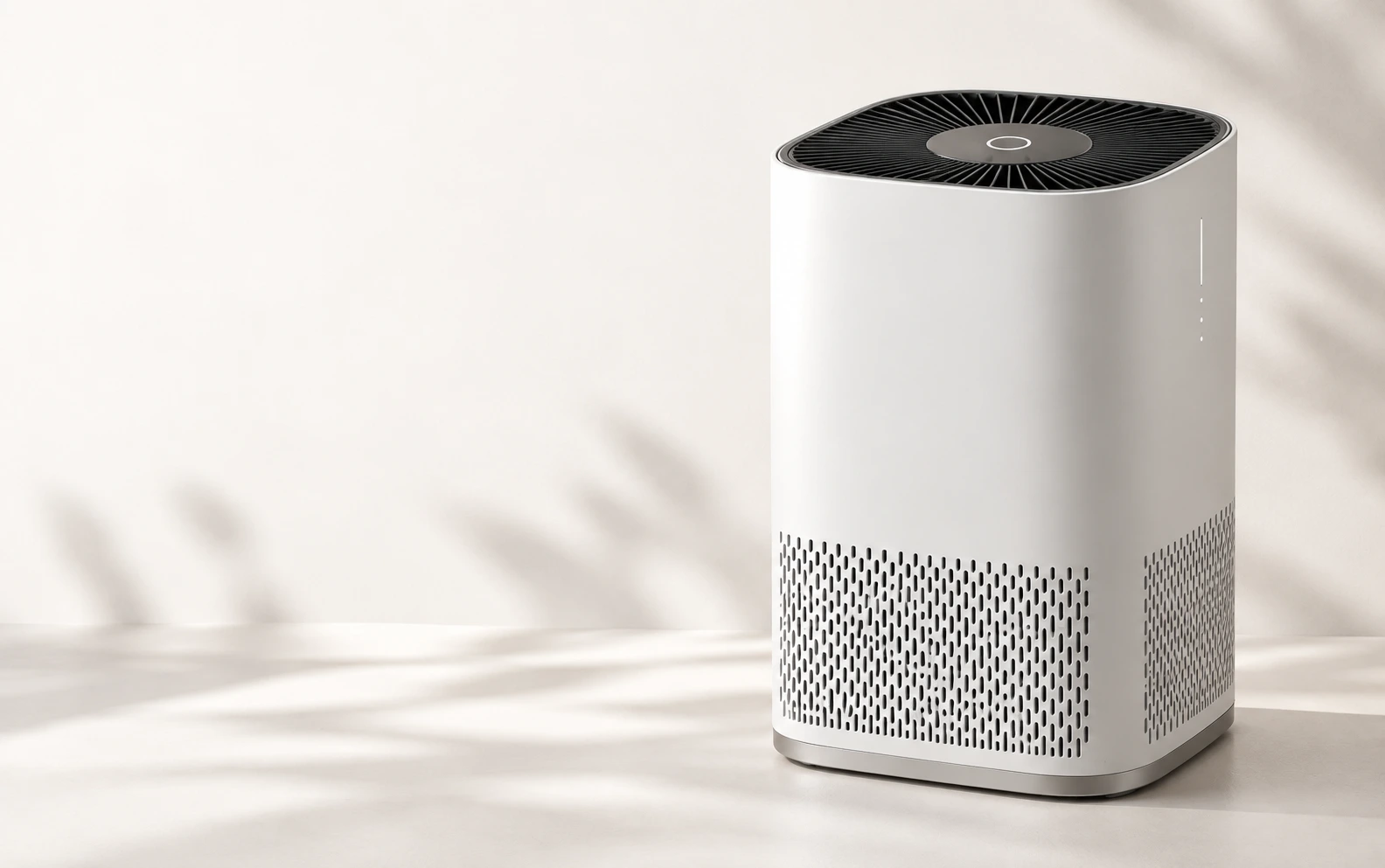 White air purifier with a black grille, in soft sunlight