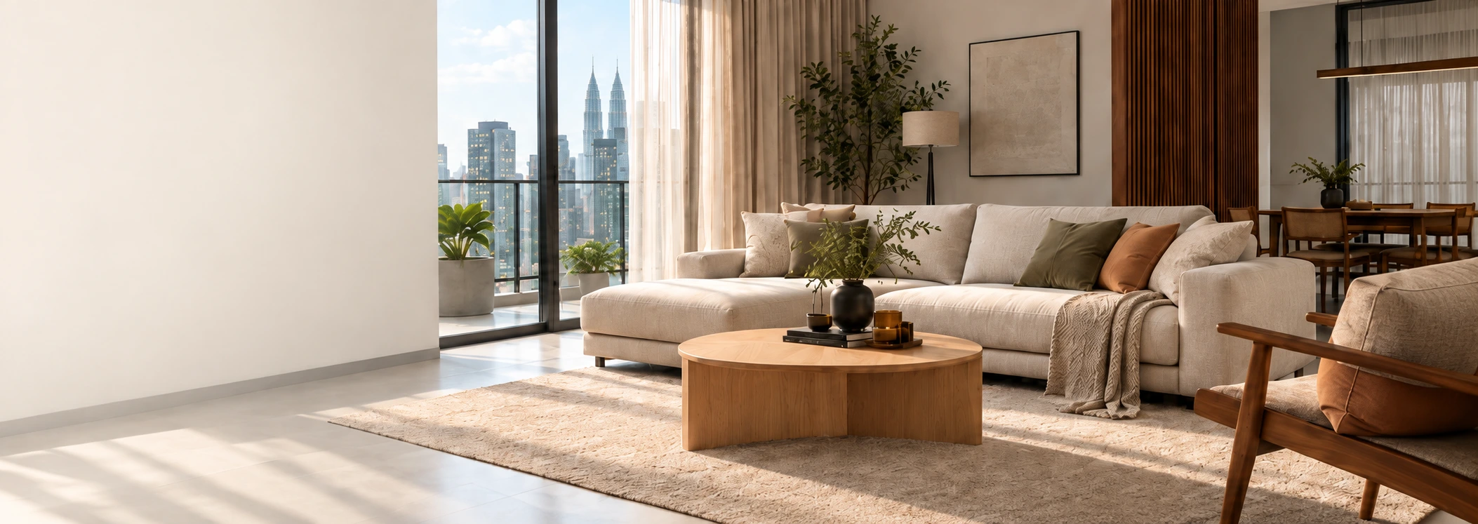 A sunlit living room overlooking Kuala Lumpur, with soft curtains and a cream sofa