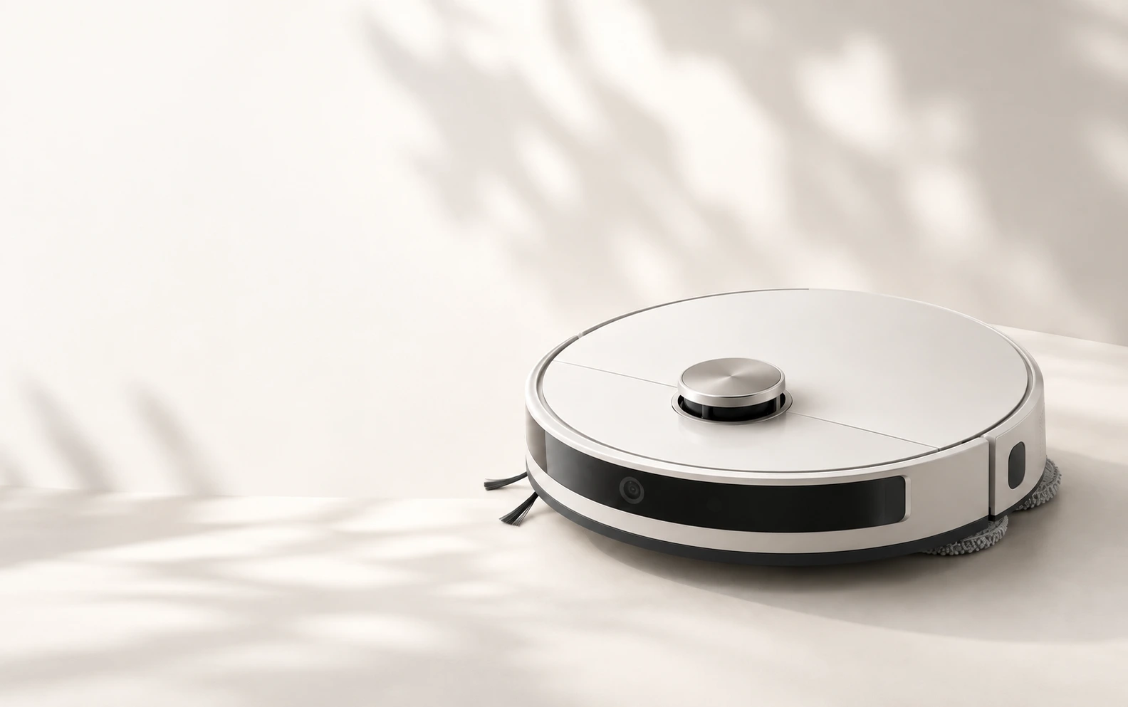 Silver robot vacuum with a raised navigation sensor