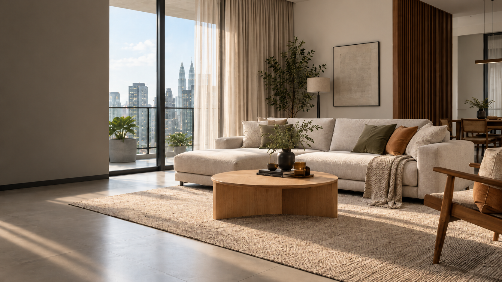 Daylight through curtains in a Kuala Lumpur living room