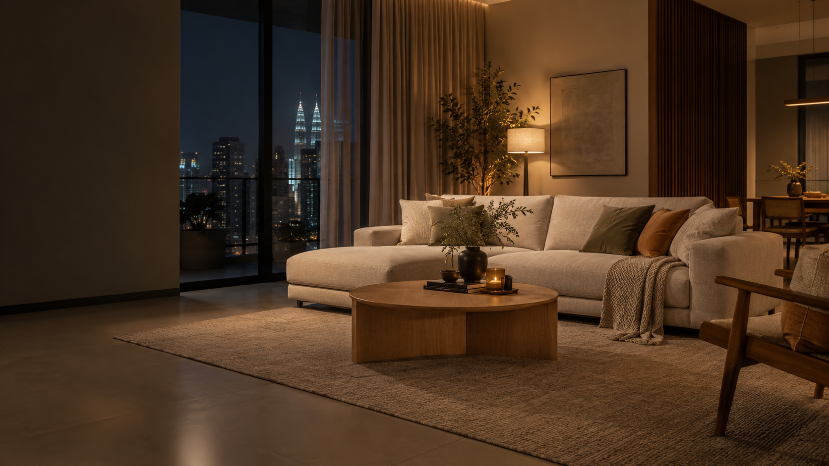 Warm lighting in a living room at evening